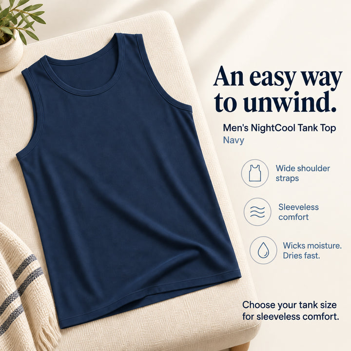 Navy Cool-jams NightCool Tank Top for men, wide shoulder straps, sleeveless cooling sleepwear
