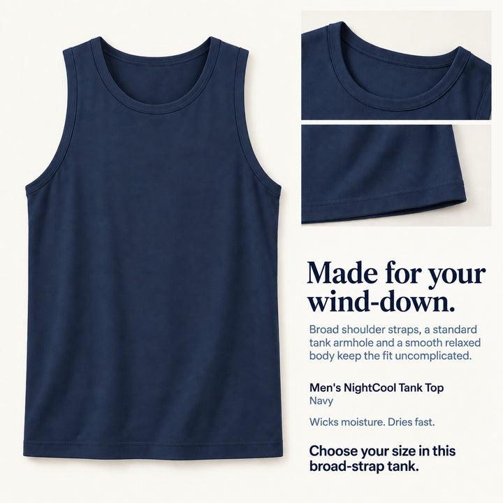 Navy Cool-jams NightCool Tank Top for men, neckline and hem detail, broad shoulder straps