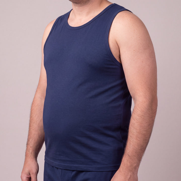 Navy Cool-jams NightCool Tank Top for men, three-quarter view close-up