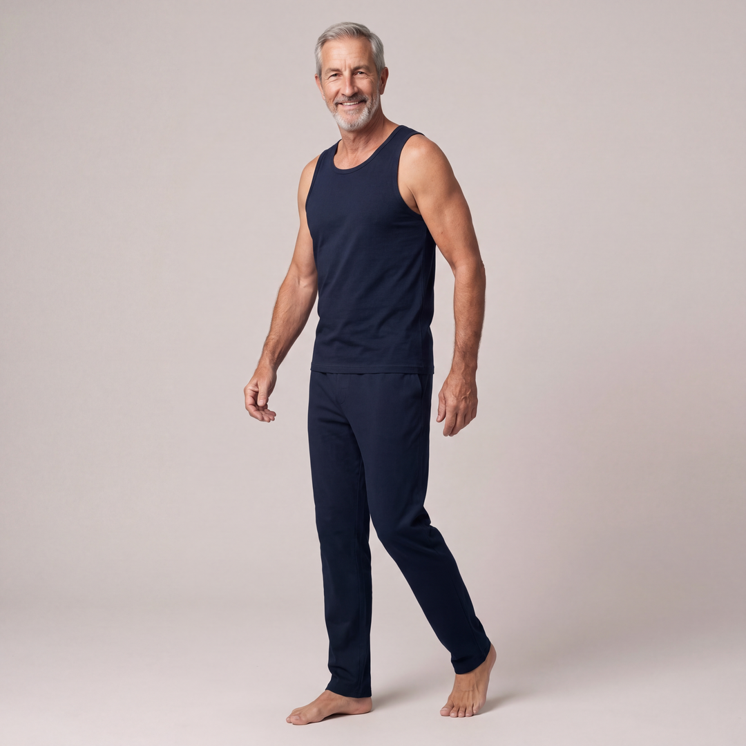 Navy Cool-jams NightCool Tank Top for men, shown walking, breathable Kottinu fabric