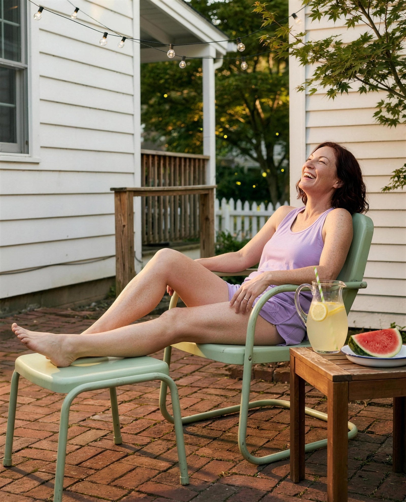 Relaxing on the back patio with lemonade in the NightCool Tulip Tank Top and Tulip Shorts