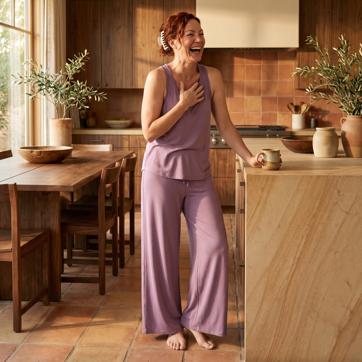 Black Cool-jams NightCool Drawstring Waist Wide Leg Pants for women, lifestyle view, stays dry-feeling through night sweats