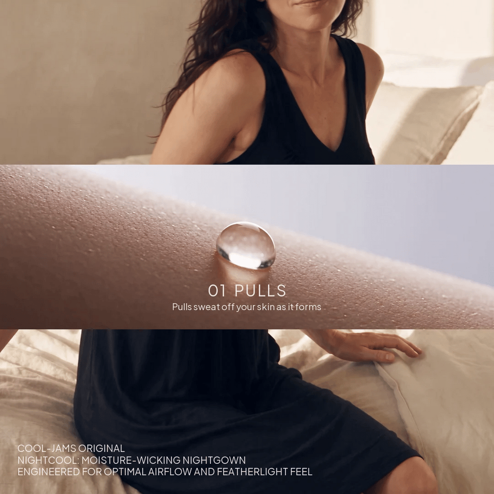 Black Cool-jams Women's NightCool Gathered Tank Nightgown, animated lifestyle view. Pulls sweat off your skin, moves it to the fabric's outer surface, where it evaporates.