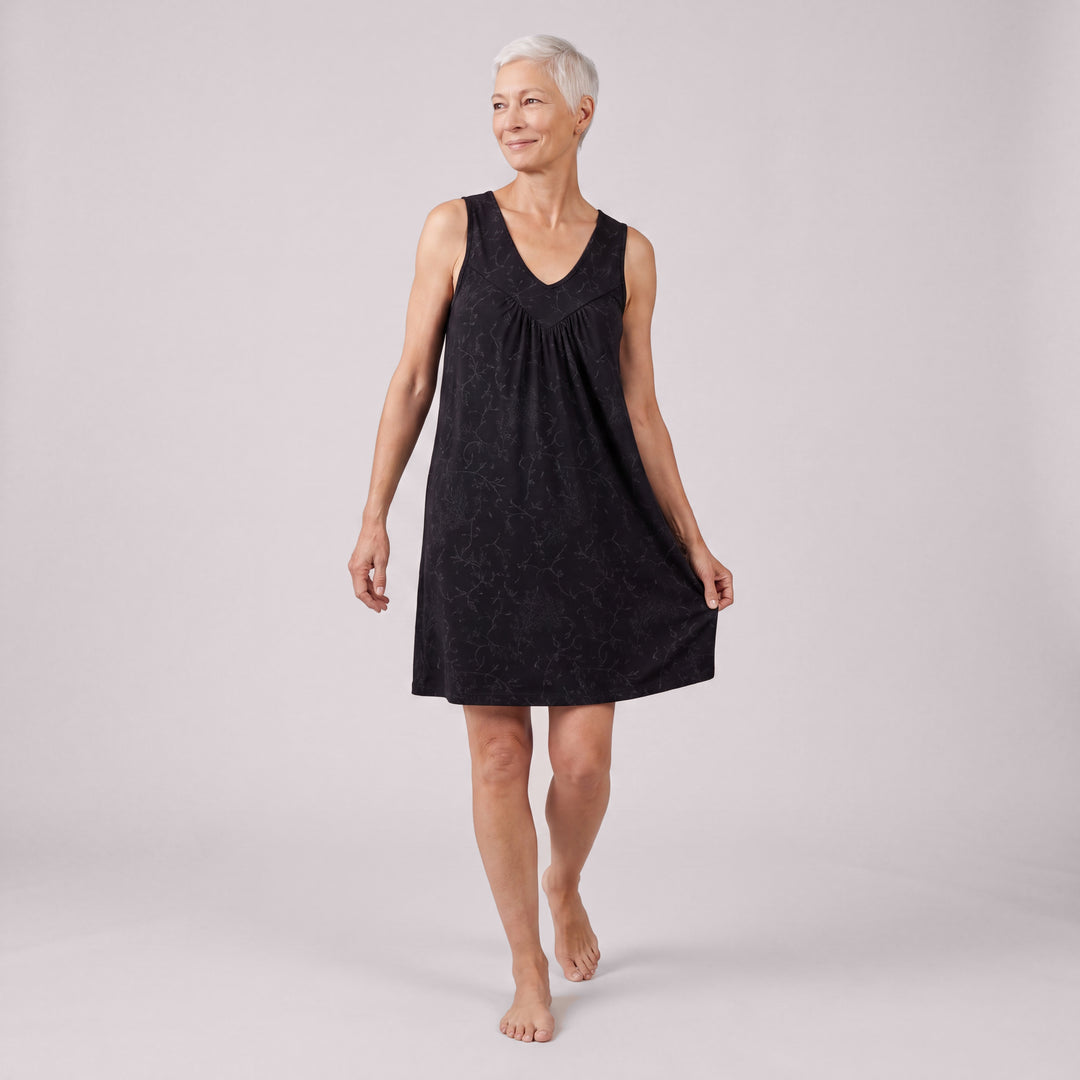 Black Vine Cool-jams NightCool Gathered Tank Nightgown for women, front view, gathered yoke and A-line body in black vine print