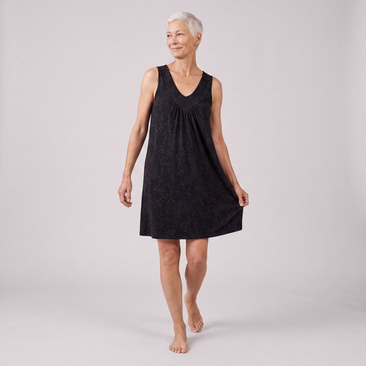 Black Vine Cool-jams NightCool Gathered Tank Nightgown for women, front view, gathered yoke and A-line body in black vine print