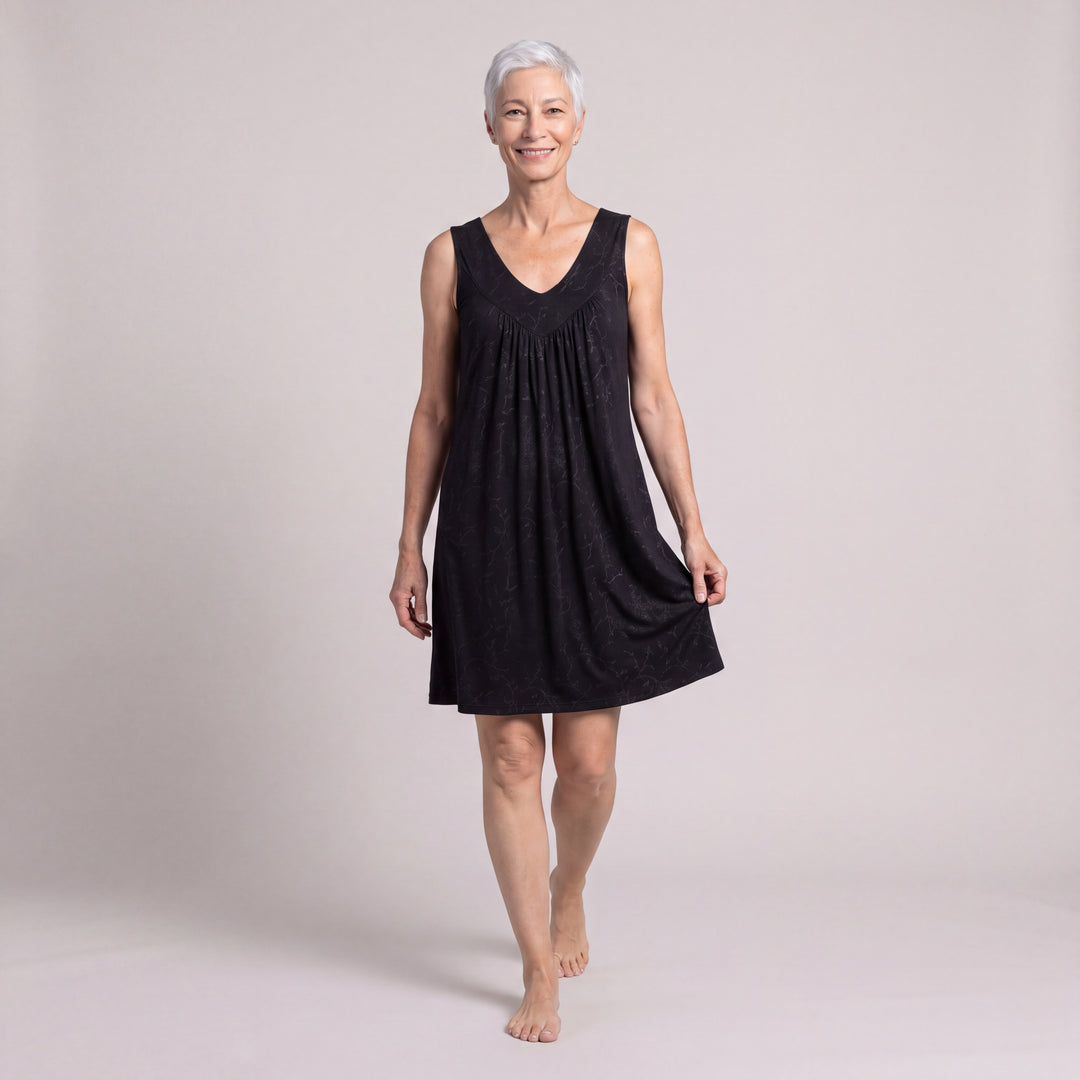 Black Vine Cool-jams NightCool Gathered Tank Nightgown for women, front view walking, sleeveless cooling nightgown above the knee