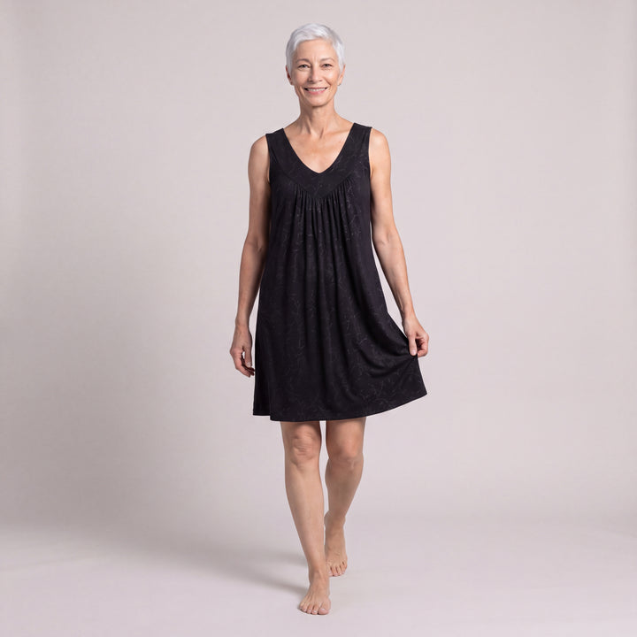 Black Vine Cool-jams NightCool Gathered Tank Nightgown for women, front view walking, sleeveless cooling nightgown above the knee