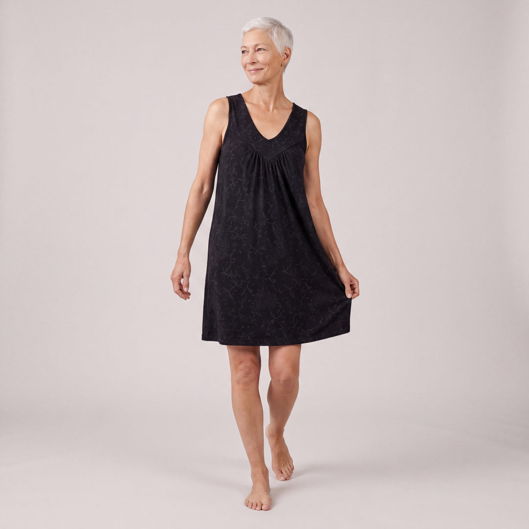 Black Vine Cool-jams NightCool Gathered Tank Nightgown for women, front view, relaxed straight body and scooped neckline