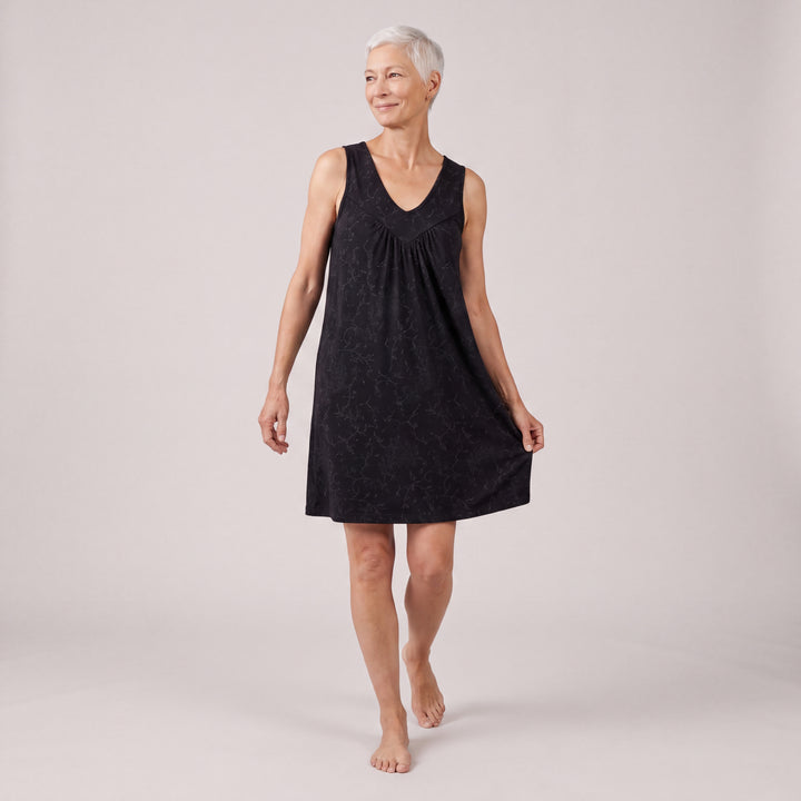 Black Vine Cool-jams NightCool Gathered Tank Nightgown for women, front view, relaxed straight body and scooped neckline