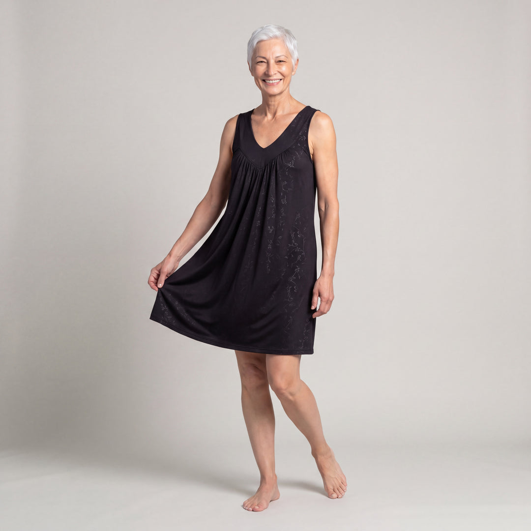 Black Vine Cool-jams NightCool Gathered Tank Nightgown for women, front view, wide shoulder straps and gathered bodice