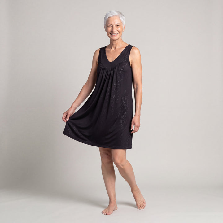 Black Vine Cool-jams NightCool Gathered Tank Nightgown for women, front view, wide shoulder straps and gathered bodice