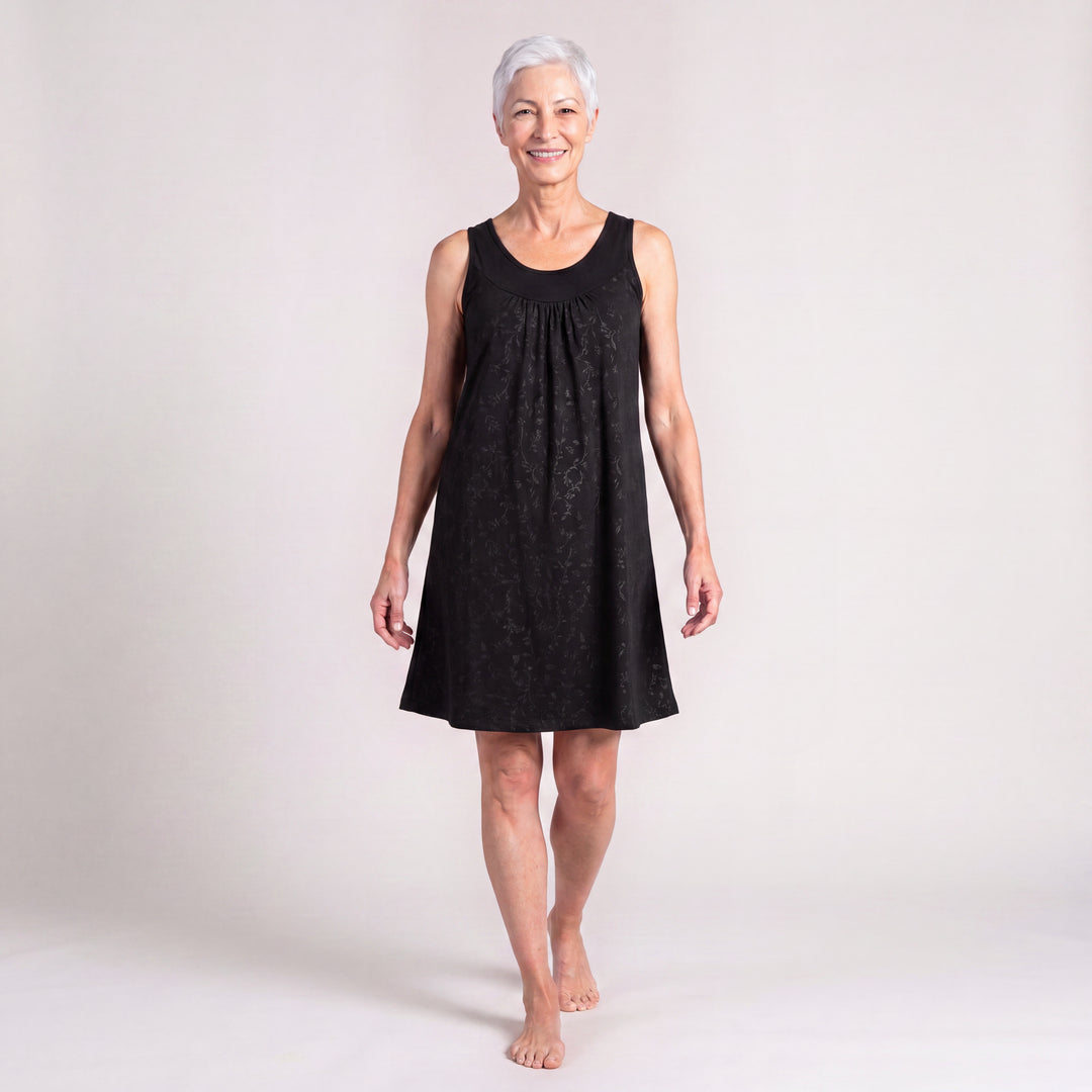 Black Vine Cool-jams NightCool Gathered Tank Nightgown for women, front view on warm greige, full length of the nightgown