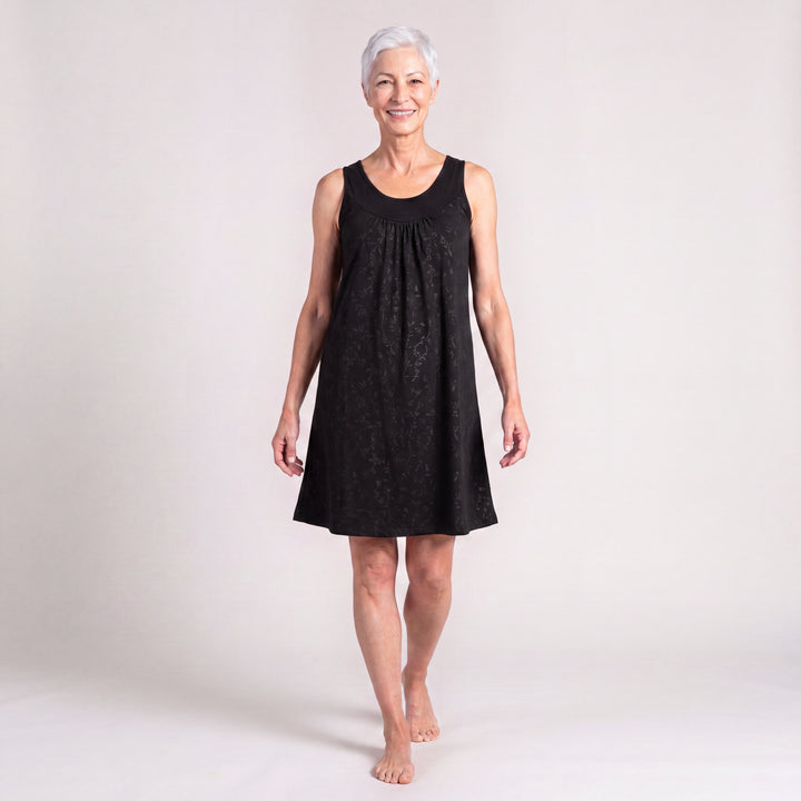 Black Vine Cool-jams NightCool Gathered Tank Nightgown for women, front view on warm greige, full length of the nightgown