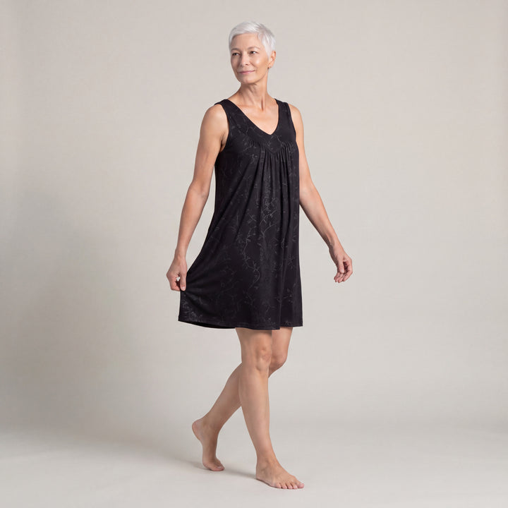 Black Vine Cool-jams NightCool Gathered Tank Nightgown for women, side view, skirt drape and hem length