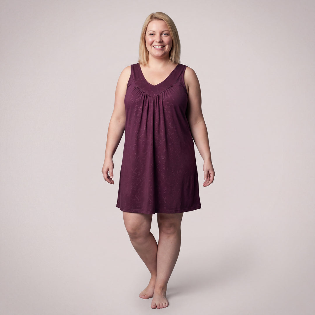 Merlot Vine Cool-jams NightCool Gathered Tank Nightgown for women, front view, deep V neckline and gathered yoke in merlot vine print