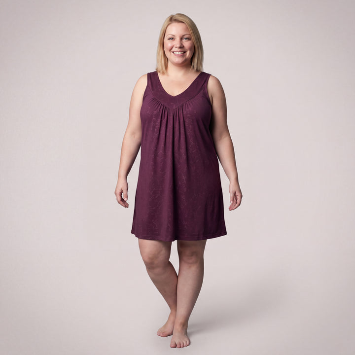 Merlot Vine Cool-jams NightCool Gathered Tank Nightgown for women, front view, deep V neckline and gathered yoke in merlot vine print