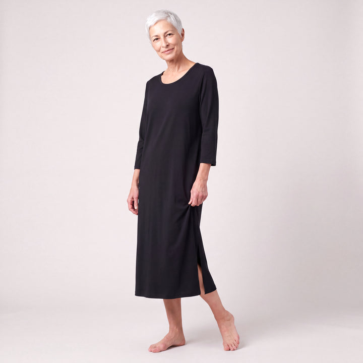 Black Cool-jams NightCool Long Scoop Neck Nightgown with 3/4 Sleeves for women, scoop neck, three-quarter sleeves and straight side slits, model standing, full length
