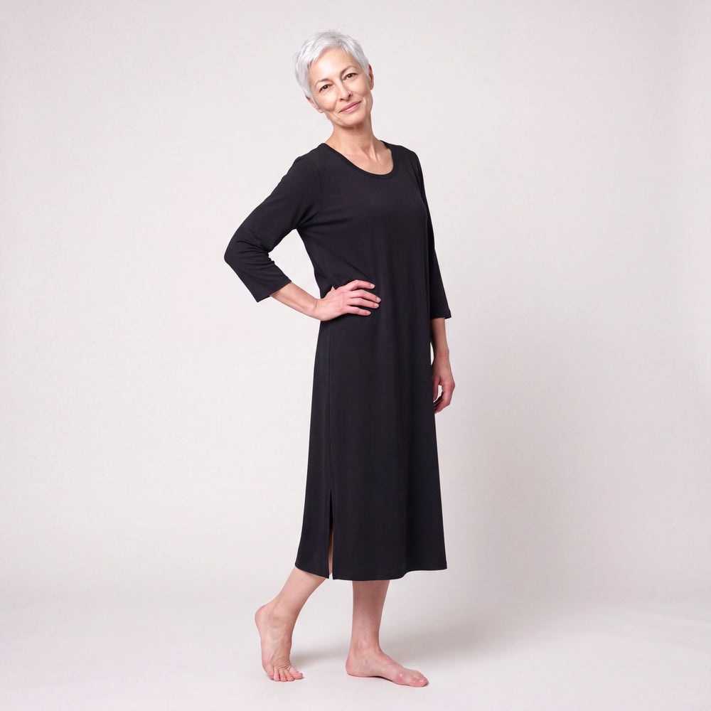 Women's NightCool Long Scoop Neck Nightgown with 3/4 Sleeves in Black
