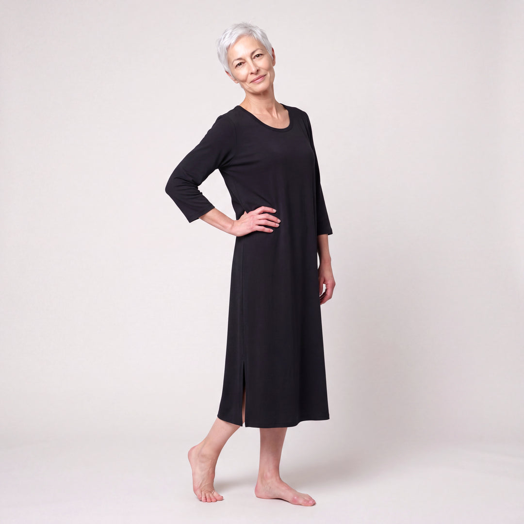 Black Cool-jams NightCool Long Scoop Neck Nightgown with 3/4 Sleeves for women, scoop neck, three-quarter sleeves and straight side slits, model posing, full length