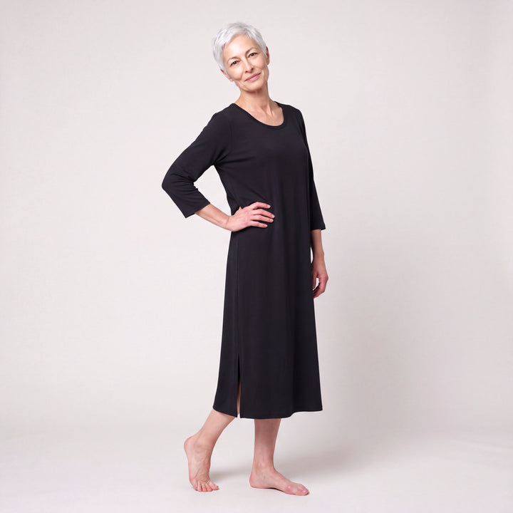 Black Cool-jams NightCool Long Scoop Neck Nightgown with 3/4 Sleeves for women, scoop neck, three-quarter sleeves and straight side slits, model posing, full length