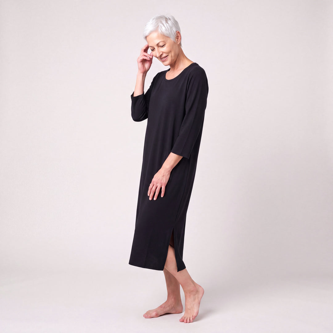 Black Cool-jams NightCool Long Scoop Neck Nightgown with 3/4 Sleeves for women, scoop neck, three-quarter sleeves and straight side slits, model posing, full length
