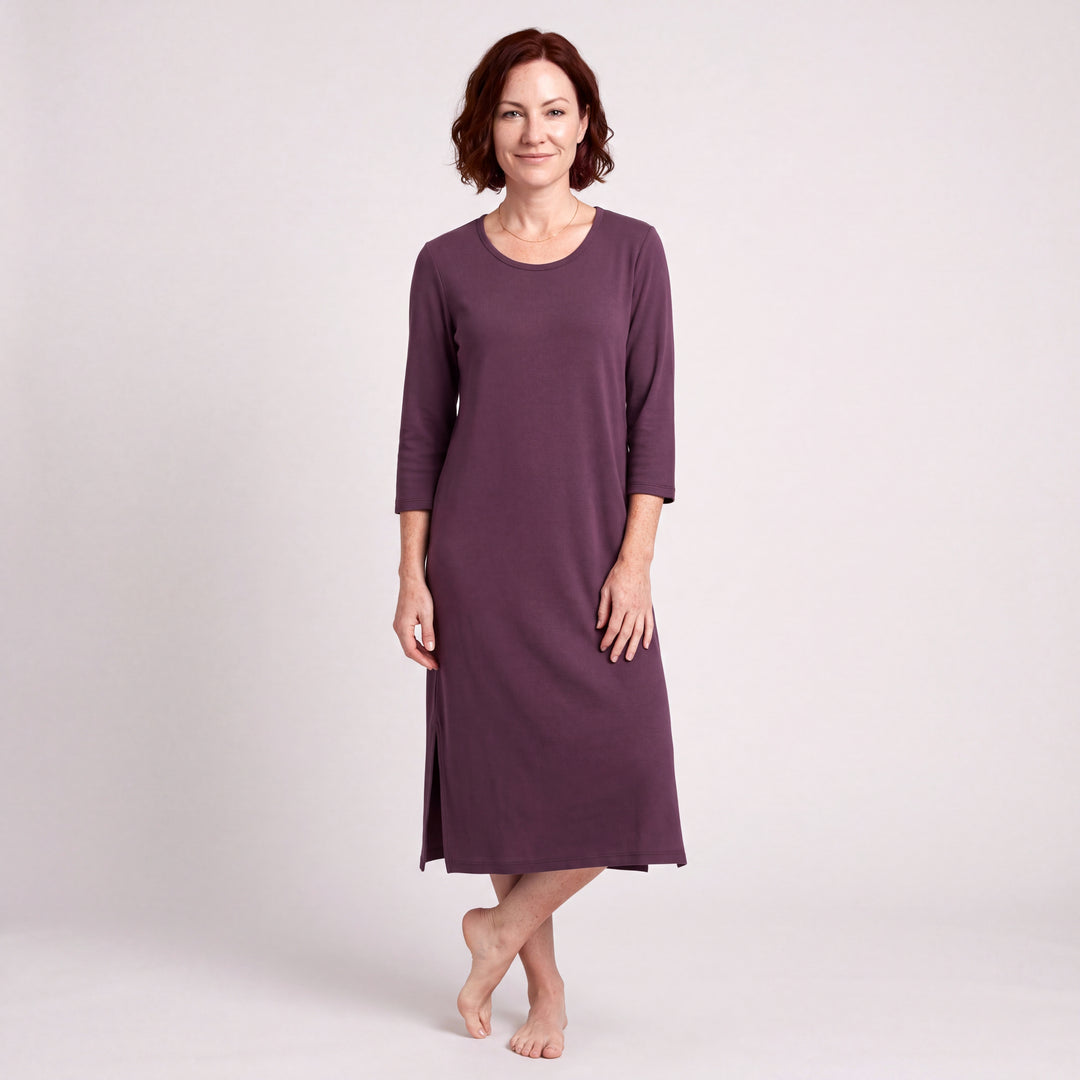 Merlot Cool-jams NightCool Long Scoop Neck Nightgown with 3/4 Sleeves for women, scoop neck, three-quarter sleeves and straight side slits, model standing, full length