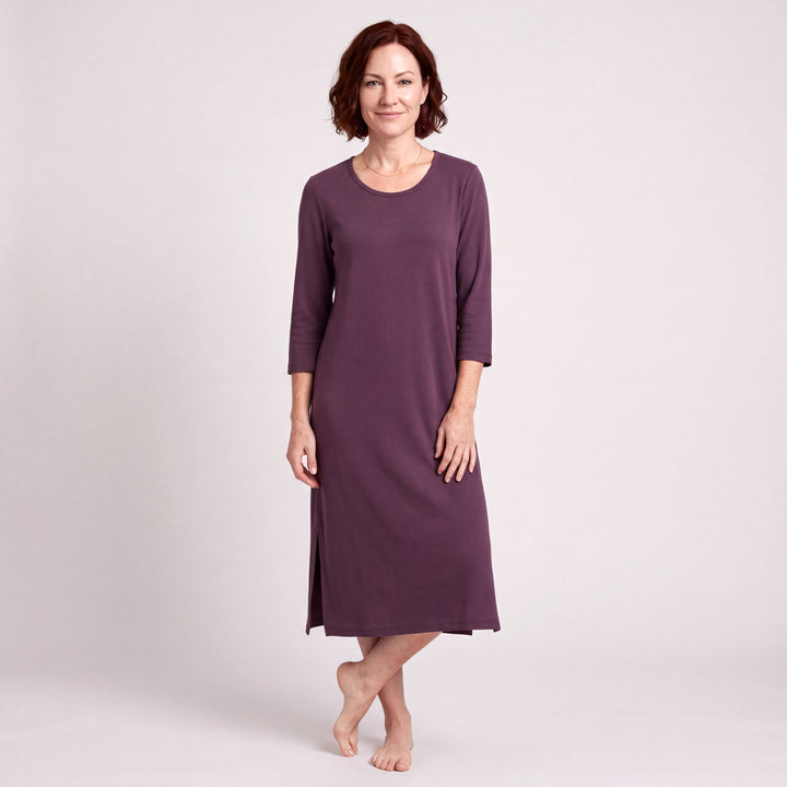 Merlot Cool-jams NightCool Long Scoop Neck Nightgown with 3/4 Sleeves for women, scoop neck, three-quarter sleeves and straight side slits, model standing, full length