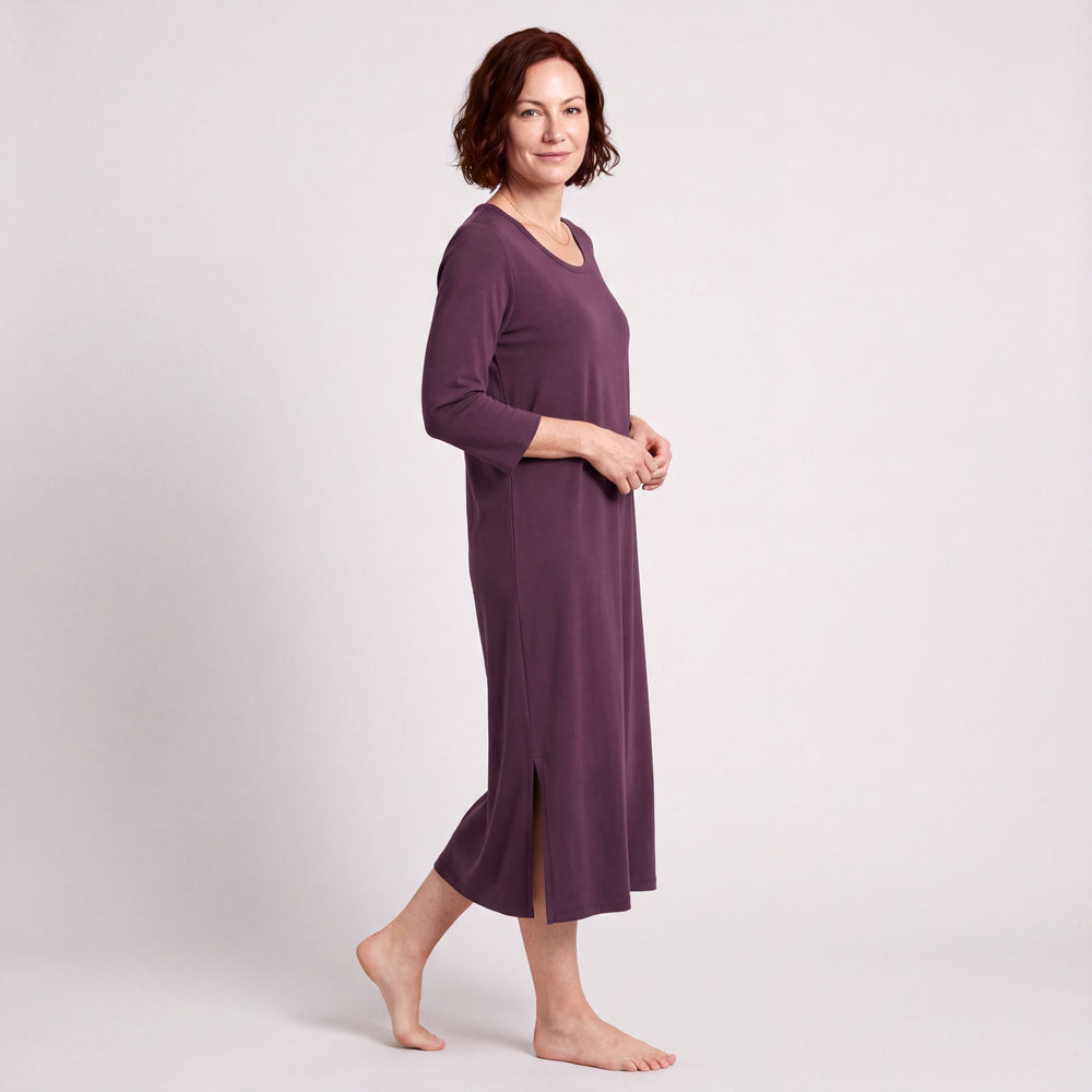 Merlot Cool-jams NightCool Long Scoop Neck Nightgown with 3/4 Sleeves for women, scoop neck, three-quarter sleeves and straight side slits, model posing, full length