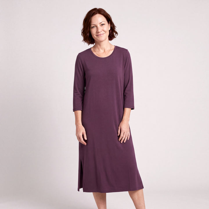 Merlot Cool-jams NightCool Long Scoop Neck Nightgown with 3/4 Sleeves for women, scoop neck, three-quarter sleeves and straight side slits, model posing, full length