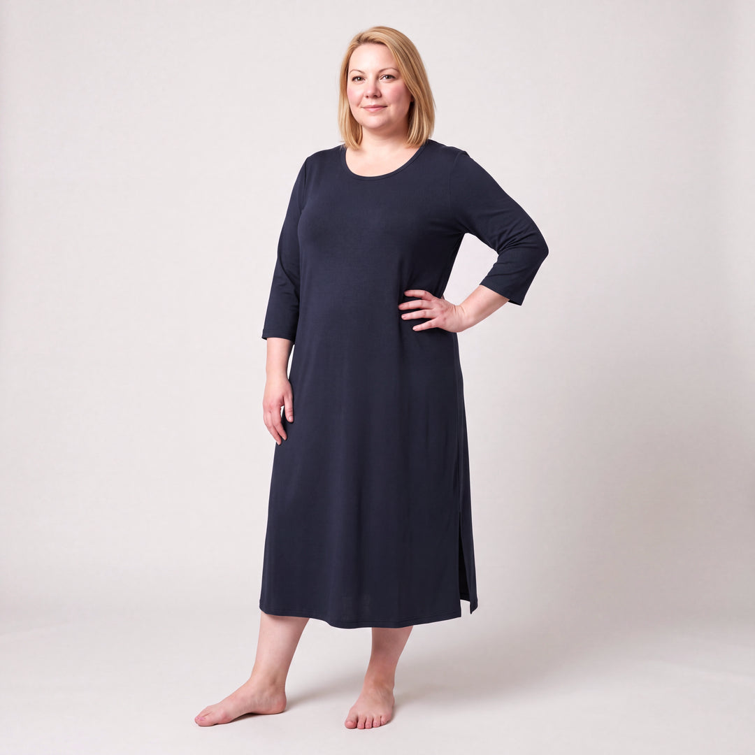 Navy Cool-jams NightCool Long Scoop Neck Nightgown with 3/4 Sleeves for women, scoop neck, three-quarter sleeves and straight side slits, model standing, full length