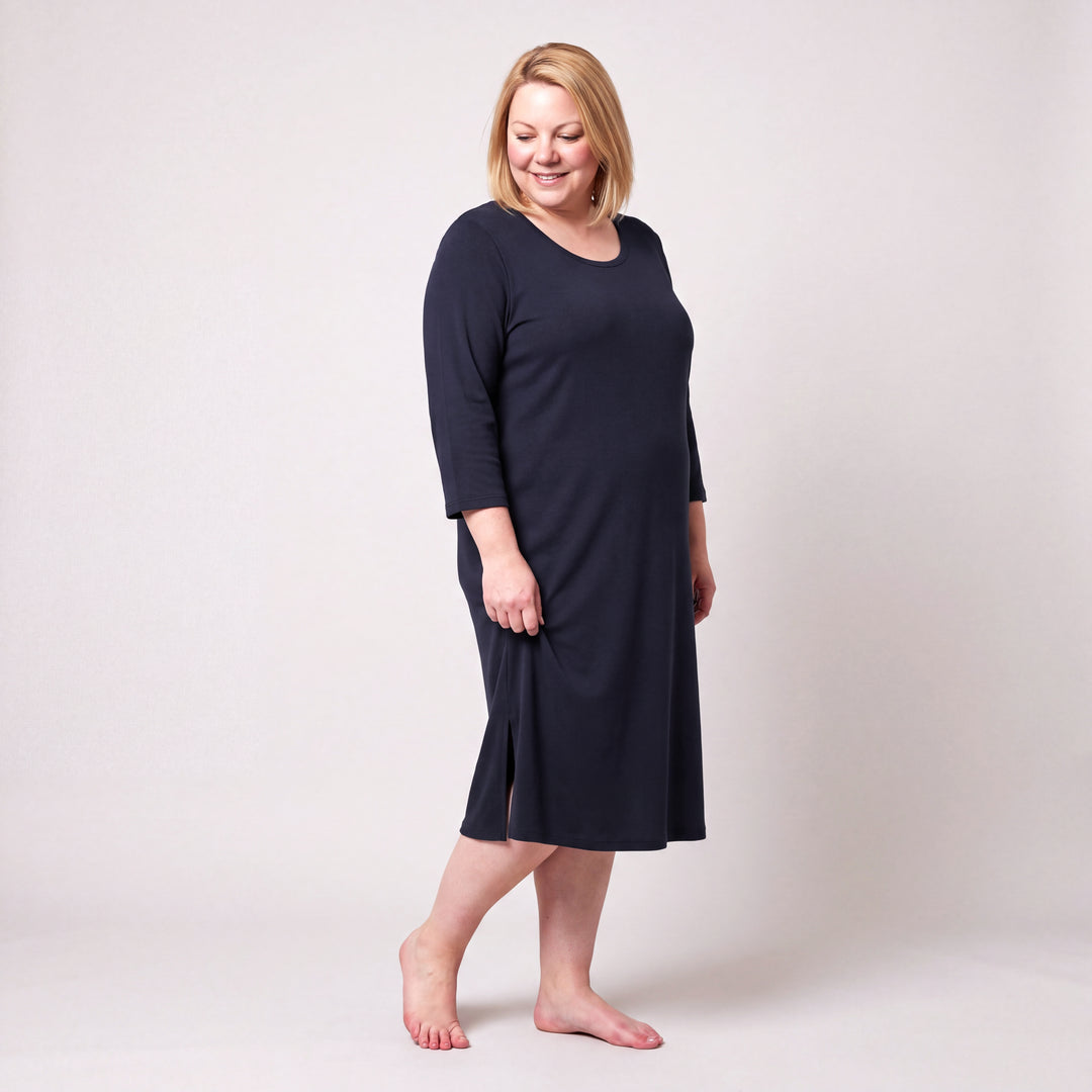 Navy Cool-jams NightCool Long Scoop Neck Nightgown with 3/4 Sleeves for women, scoop neck, three-quarter sleeves and straight side slits, model posing, full length
