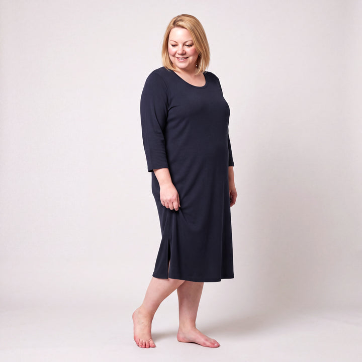 Navy Cool-jams NightCool Long Scoop Neck Nightgown with 3/4 Sleeves for women, scoop neck, three-quarter sleeves and straight side slits, model posing, full length