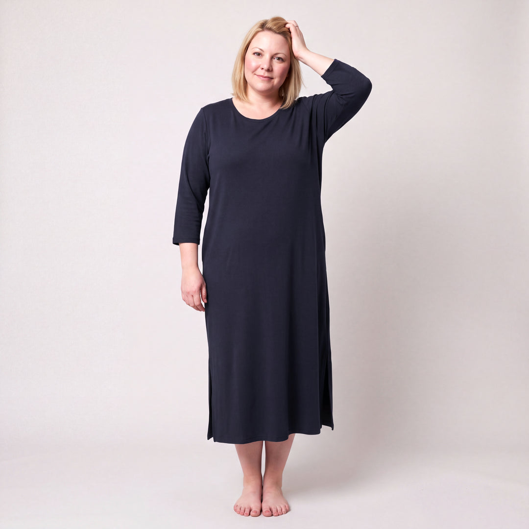 Navy Cool-jams NightCool Long Scoop Neck Nightgown with 3/4 Sleeves for women, scoop neck, three-quarter sleeves and straight side slits, model posing, full length