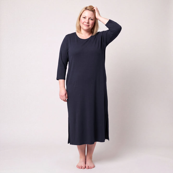 Navy Cool-jams NightCool Long Scoop Neck Nightgown with 3/4 Sleeves for women, scoop neck, three-quarter sleeves and straight side slits, model posing, full length