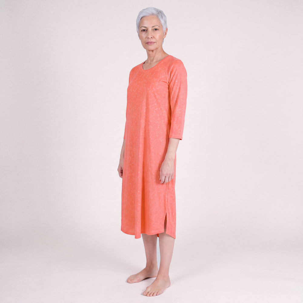 Women's NightCool Long Scoop Neck Nightgown with 3/4 Sleeves in Coral Vine