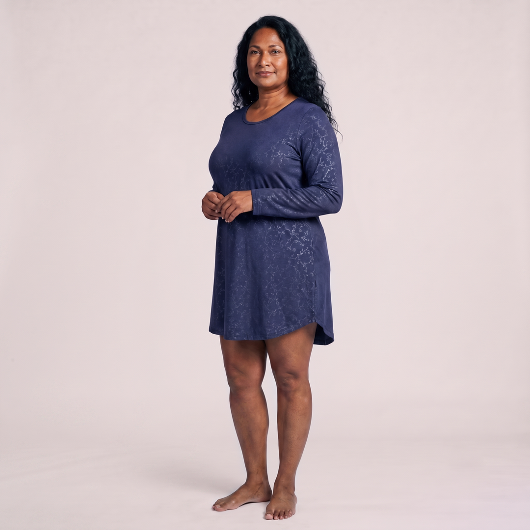 Navy Vine Cool-jams NightCool Long Sleeve Scoop Neck Nightshirt for women, shown walking, for warm nights