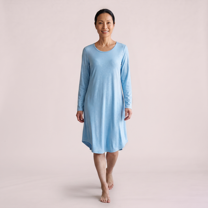 Island Vine Cool-jams NightCool Long Sleeve Scoop Neck Nightshirt for women, shown walking, for warm nights
