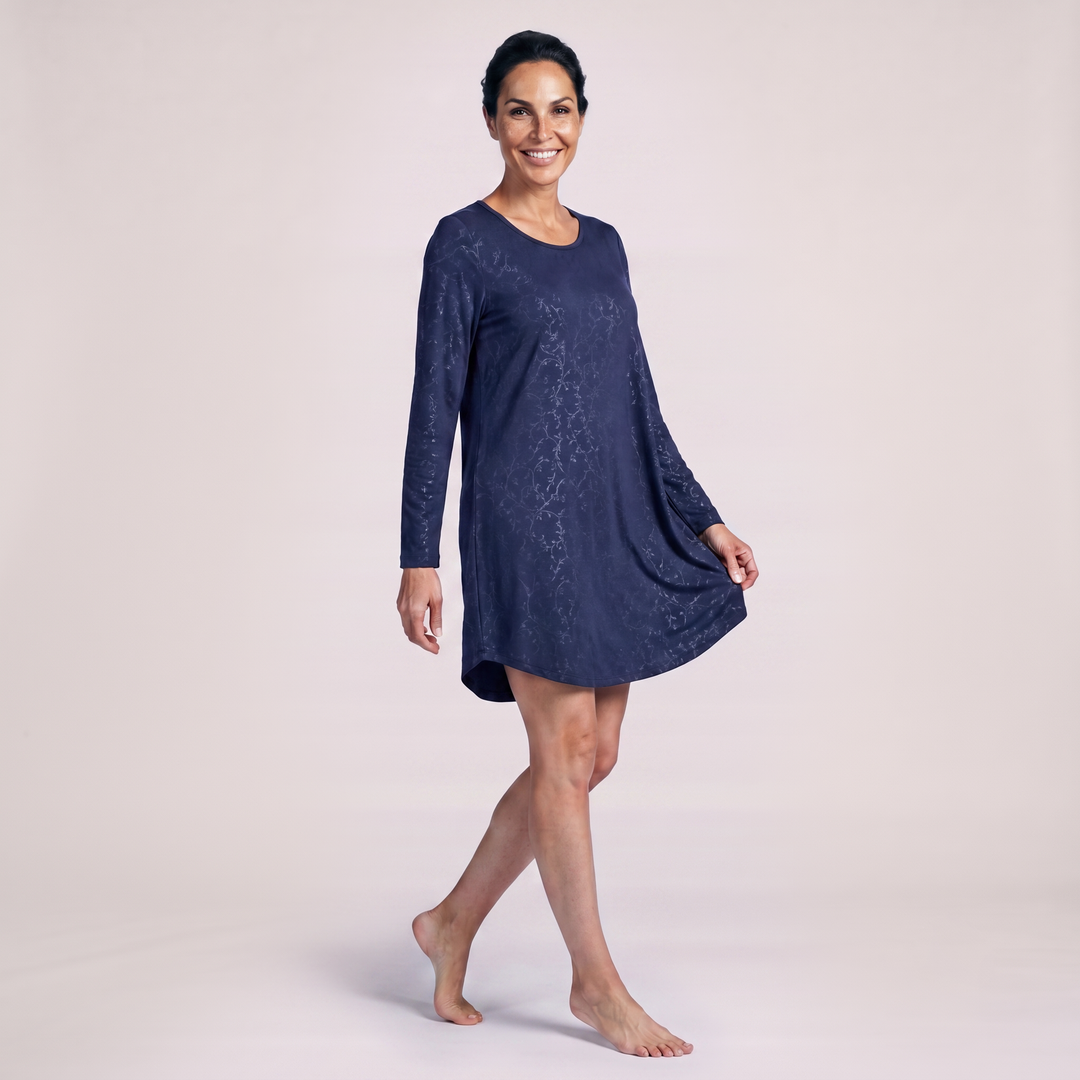 Navy Vine Cool-jams NightCool Long Sleeve Scoop Neck Nightshirt for women, shown walking, cooling nightwear