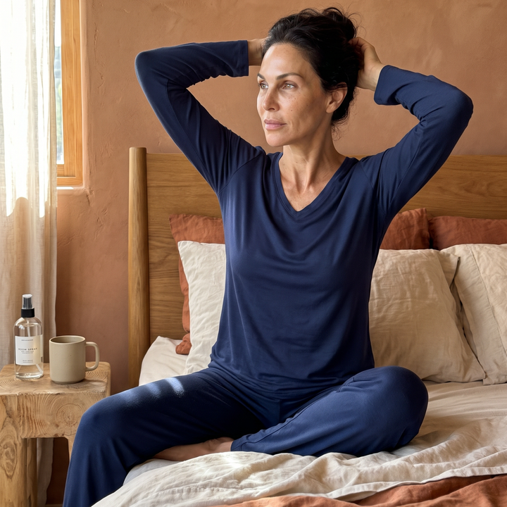 Navy Cool-jams NightCool Long Sleeve T-Shirt for women, lifestyle view, made for night sweats