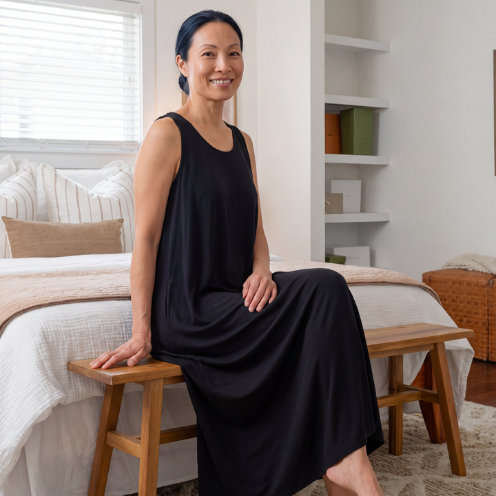 Black Cool-jams NightCool Long Tank Gown for women, lifestyle view, for anyone who overheats at night