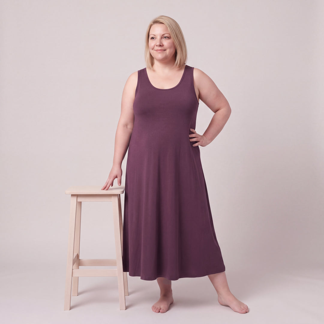 Merlot Cool-jams NightCool Long Tank Gown for women, full length, model standing beside a wooden stool
