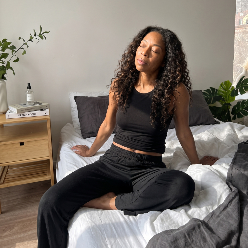 Black Cool-jams NightCool Pajama Pants for women, lifestyle view, made for night sweats and hot flashes