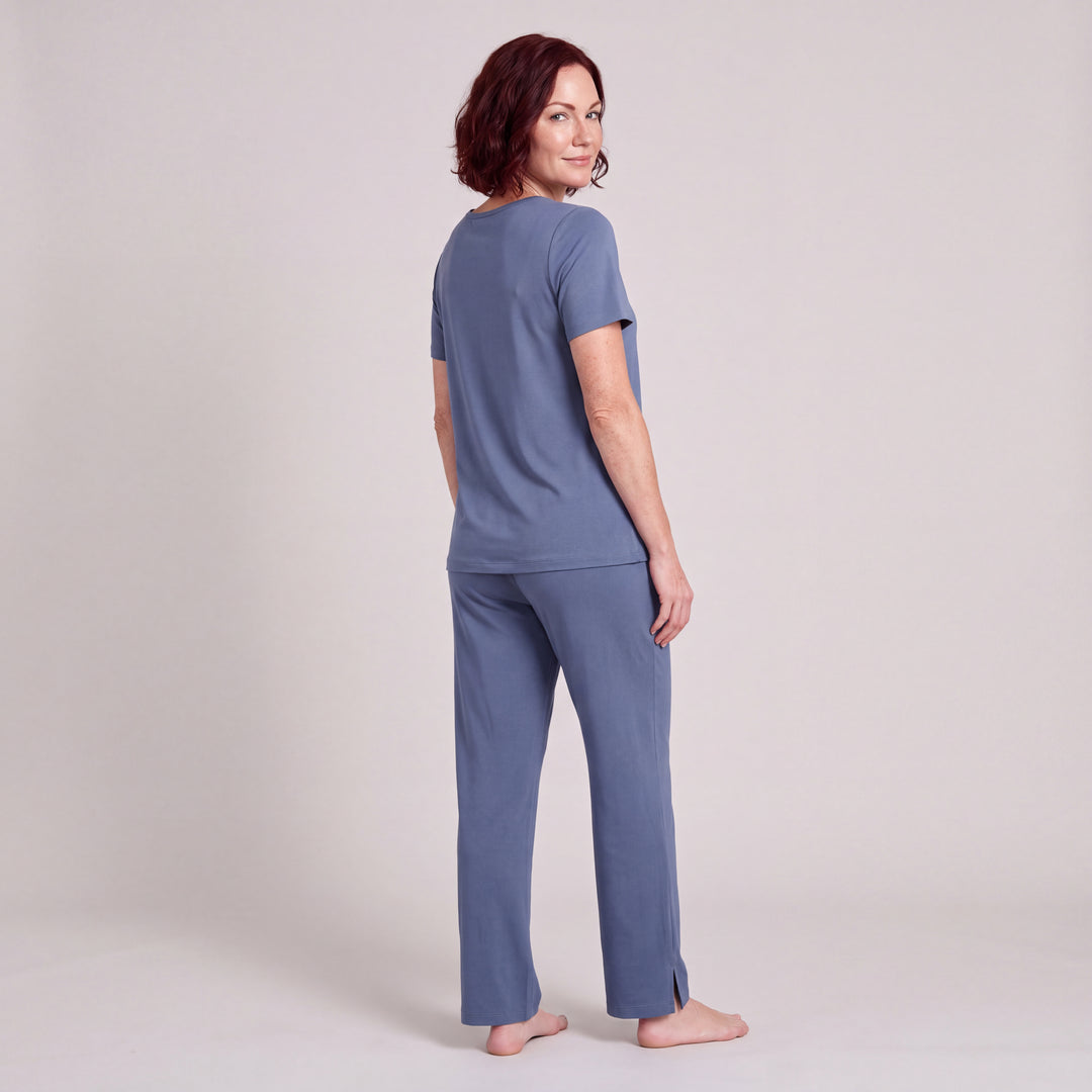 Dusk Blue Cool-jams NightCool Pajama Pants for women, worn with a matching scoop-neck tee, back view, full length