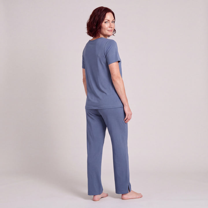 Dusk Blue Cool-jams NightCool Pajama Pants for women, worn with a matching scoop-neck tee, back view, full length