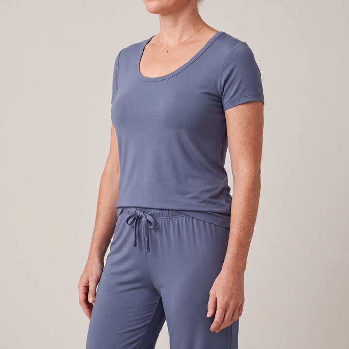 Dusk Blue Cool-jams NightCool Pants for women, close-up, three-quarter view, the tee and waistband