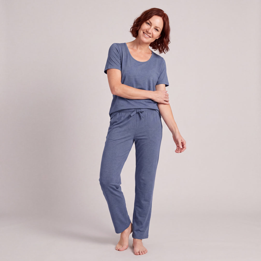 Dusk Blue Cool-jams NightCool Pajama Pants for women, worn with a matching scoop-neck tee, front view, full length