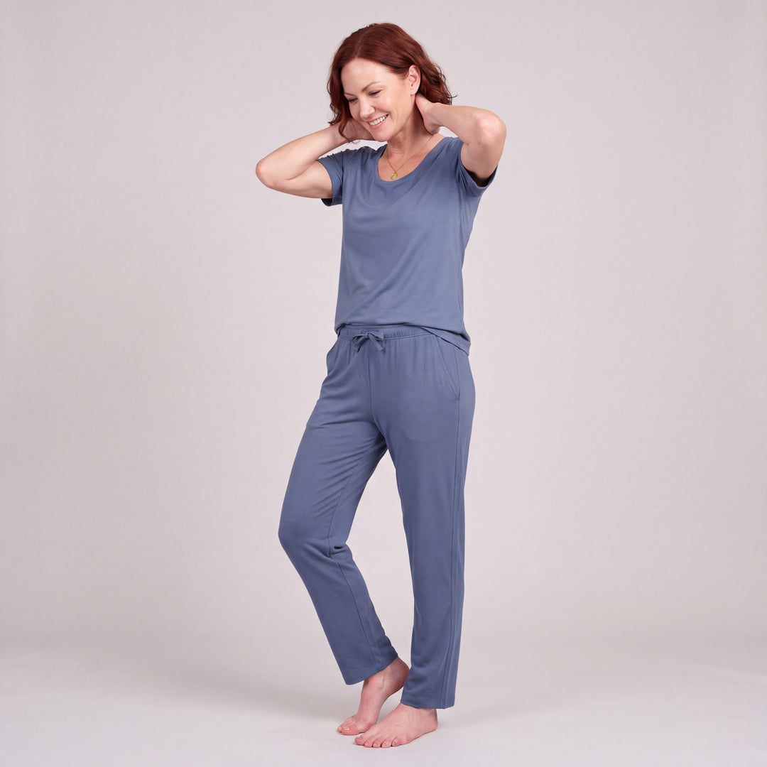 Dusk Blue Cool-jams NightCool Pajama Pants for women, worn with a matching scoop-neck tee, side view, full length