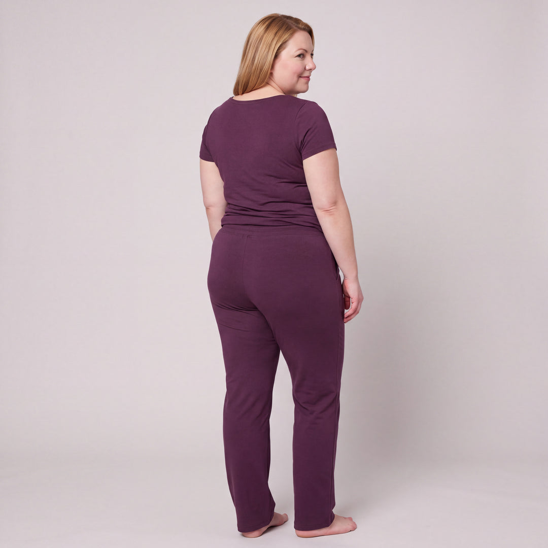 Merlot Cool-jams NightCool Pajama Pants for women, worn with a matching scoop-neck tee, back view, full length