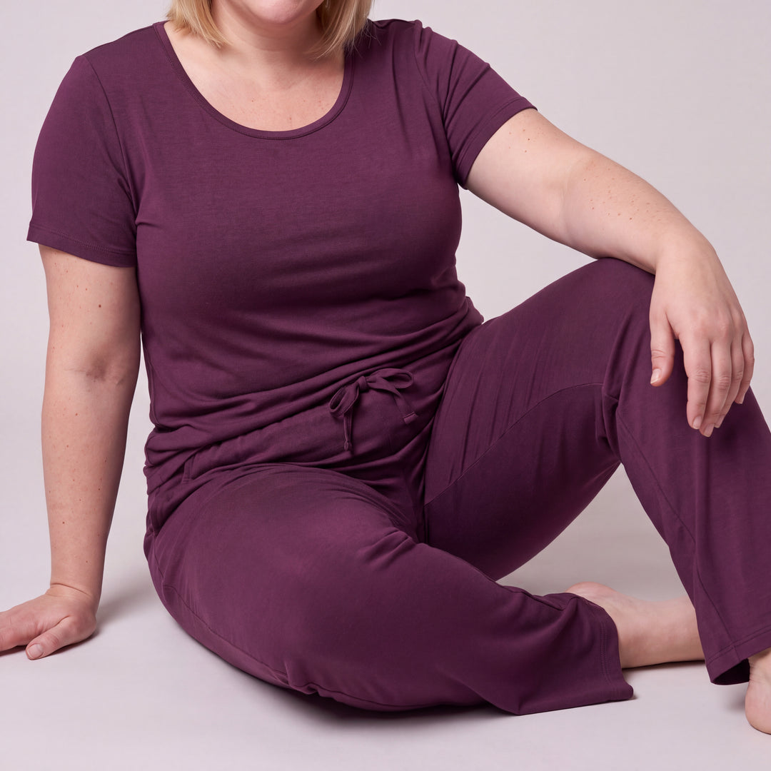 Merlot Cool-jams NightCool Pants for women, close-up, seated with one knee up