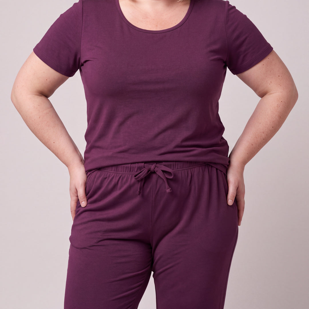 Merlot Cool-jams NightCool Pants for women, close-up detail of the drawstring waistband